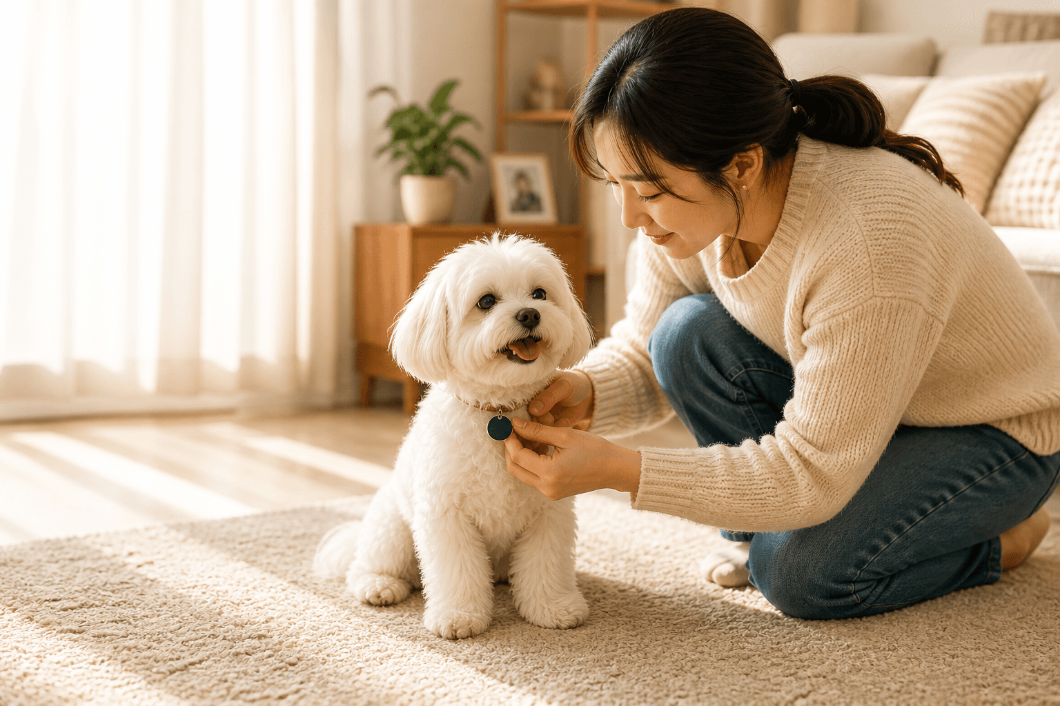 보호자가 반려견의 안심 인식표를 확인하는 모습